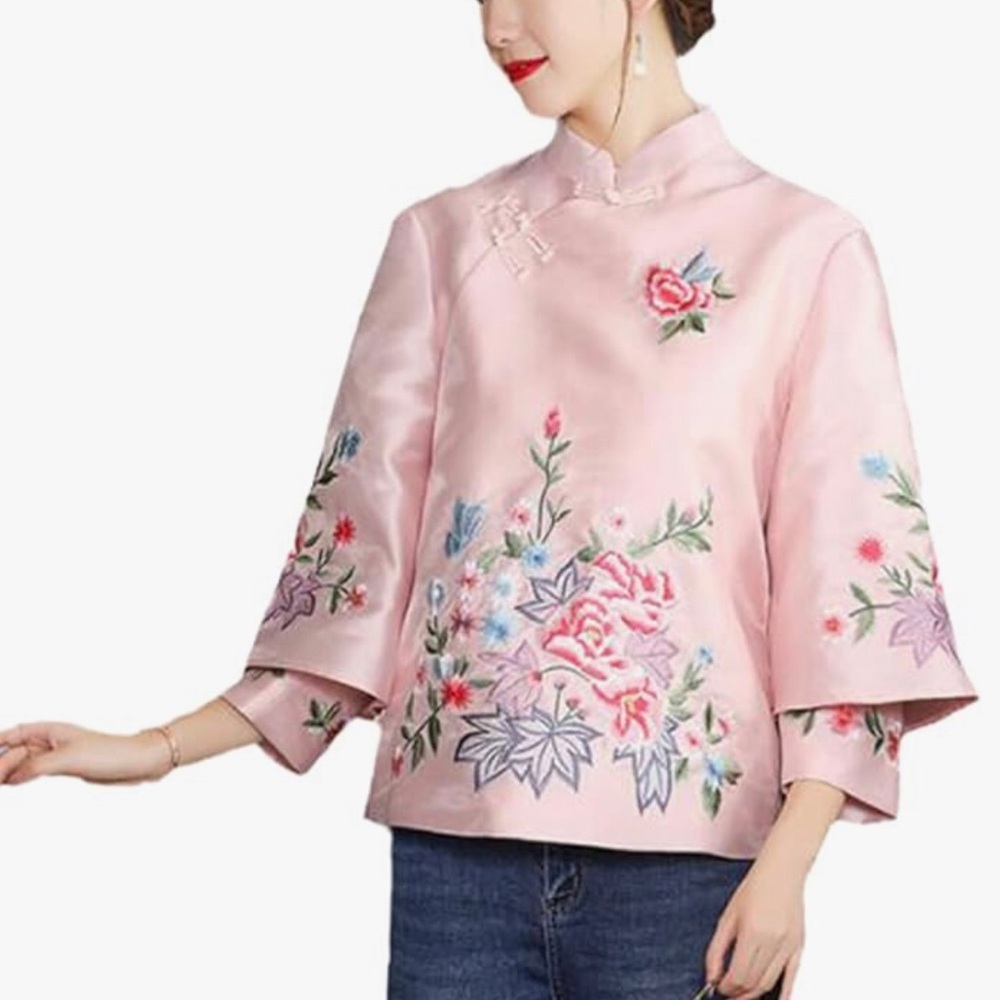 Tang Suit Coat Embroidery Chinese Tops Women Blouse Satin Loose Female Size M